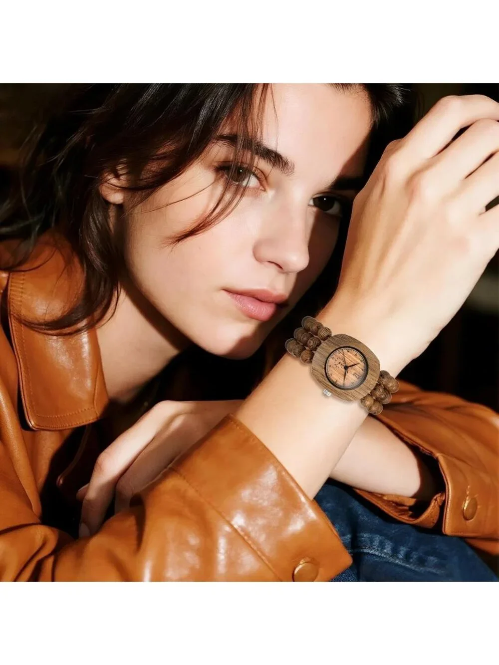 Women's All Brown Analog Quartz Buddhist Beaded Bracelet Elastic Wooden Watch